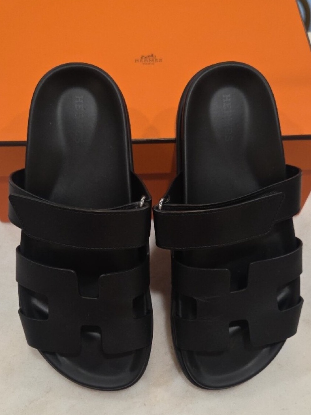 Hermes Black Leather H-Cut Slide Sandals